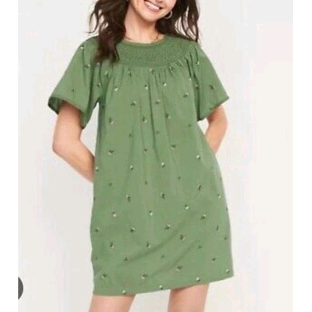 Old navy Cottage‎ Core Green Floral Short Sleeve Embroidered Dress SIZE M